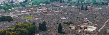 Modern binalar ve yeşilliklerle çevrili taş yapılar, sokaklar ve avluların yer aldığı Pompeii 'nin İtalya' daki antik harabelerinin havadan görünüşü.