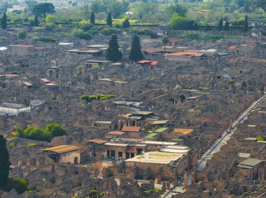 Pompei 'nin İtalya' daki antik harabelerinin havadan görünüşü, taş binalar, kırmızı kiremitli çatılar, ve yeşil alanlarla çevrili sokak düzeni gibi bir şebeke..