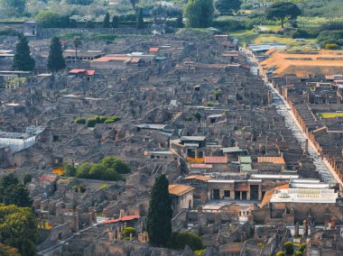 Pompei 'nin İtalya' daki antik harabelerinin havadan görünüşü caddeler, taş binalar, avlular ve yukarıdan çevreleyen yeşillikler gibi ızgaraları gösteriyor..