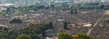 Pompei 'nin antik harabelerinin havadan görünüşü, arka planında modern kentsel alanlar ve yeşillik bulunan amfitiyatro, taş sokaklar ve binalar yer alıyor..