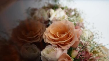 Zarif pembe ve beyaz çiçekler yavaş yavaş bulanık bir ortamda modern bir iç mekan sahnesine yavaş yavaş ve incelikli detaylarla geçiş yapıyorlar..