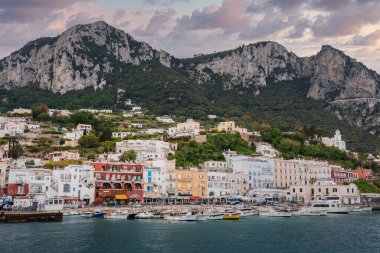 Limanda tekneleri, kireçtaşı kayalıkları, yemyeşil otlakları ve tepe tarafında bir kilise olan Capri, İtalya 'daki Marina Grande rıhtımında renkli binalar yer alıyor..