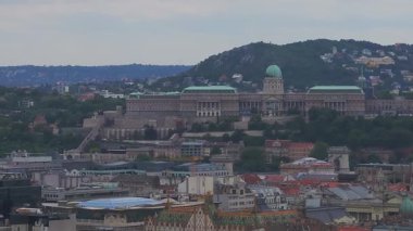 Budapeşte, Macaristan 'da yeşil kubbesi, tarihi binalar, kırmızı çatılar ve tepe arazisiyle çevrili olan Budin Kalesi' nin havadan görünüşü.
