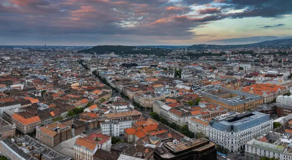 Budapeşte, Macaristan 'ın havadan görünüşü, kırmızı kiremitli çatılar, klasik mimari, Tuna Nehri ve canlı bir gökyüzü altında Buda Tepeleri.