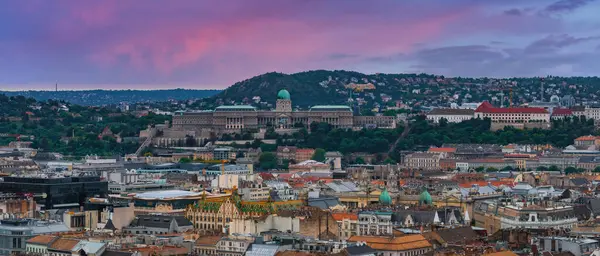 Budapeşte, Macaristan 'ın havadan görünüşü, yeşil kubbesi, Matthias Kilisesi' nin desenli çatısı, şehir çatıları ve renkli gökyüzü ile Buda Kalesi.