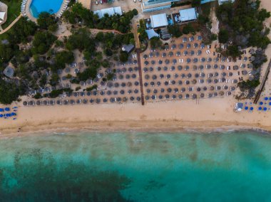 Kıbrıs Rum Kesimi 'nin Ayia Napa kentindeki bir plaj manzarası, güneş pansiyonları, turkuaz Akdeniz suları, havuzlu bir tatil beldesi ve yemyeşil yeşillikler yer alıyor..