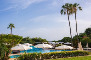 Kıbrıs 'ta bir tatil köyünde sakin bir yüzme havuzu, beyaz şemsiyeler, güneş şezlongları, uzun palmiye ağaçları, yemyeşil ve açık mavi bir gökyüzü..