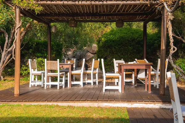 Tahta masalar ve beyaz sandalyeler, ahşap bir güvertede, sarmaşık örtüsü altında, yemyeşil ve ılık güneş ışığıyla yıkanmış bir şekilde otururlar..