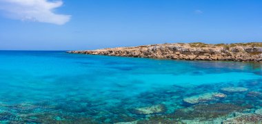 Kristal berrak turkuvaz suları, Kıbrıs 'ta engebeli bir kıyı şeridi boyunca kayalık bir deniz yatağını ortaya çıkarıyor..