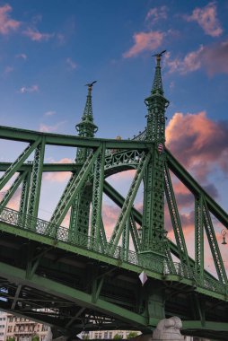 Macaristan 'ın Budapeşte kentindeki Özgürlük Köprüsü' nde karmaşık yeşil çelik kafes, dekoratif taretler ve canlı pembe ve turuncu bir günbatımı gökyüzü yer alıyor..