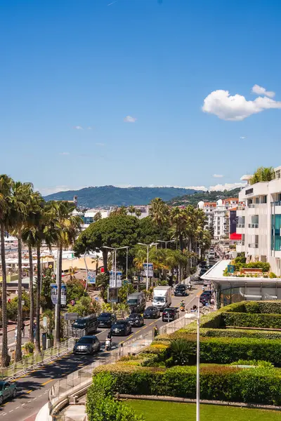 Cannes, Fransa 'da canlı bir cadde, açık bir gökyüzü altında palmiye ağaçları, araçlar, yayalar, modern binalar, bir plaj ve uzak tepeler var..