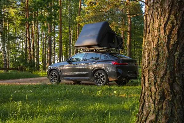 Çatısı kapalı bir çadırı olan modern bir SUV bir orman açıklığında park halinde. Aracı çevreleyen yeşil yapraklı uzun ağaçlar, güneş ışığı içinden süzülüyor..