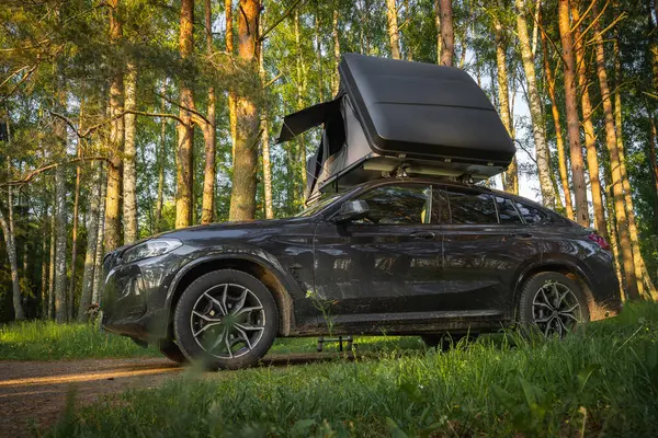 Kısmen açık çatı çadırına sahip gösterişli bir SUV yeşil yapraklı uzun ağaçların arasına park edilmiştir. Güneş ışığı filtreler ve sıcak bir atmosfer yaratır..