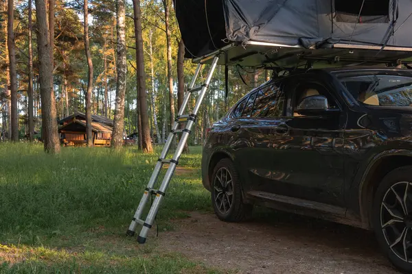 Çatı çadırı ve merdiveni olan modern bir SUV uzun çam ağaçlarından oluşan bir ormanda park edilmiştir. Güneş ışığı, arka planda ahşap bir kulübe ile filtrelenir..