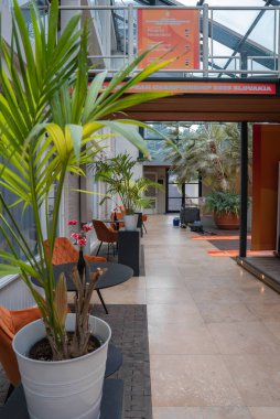 Döşeme, cam tavan, saksı bitkileri, turuncu sandalyeler, siyah masalar ve Avrupa Şampiyonası 2025 Slovakya tabelası olan modern kapalı alan.