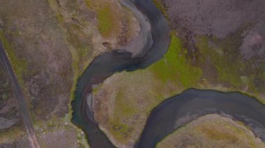 İzlanda 'da yosunlu yeşil araziler ve kayalık arazilerle çevrili dolambaçlı bir nehrin üzerinden hava taraması. Nehrin kıvrımları toprakla tezat oluşturuyor..