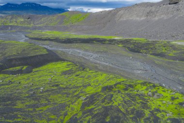 Sarmal bir nehir, İzlanda 'da bulutlu bir gökyüzünün altında karlı bir dağa kurulmuş canlı yeşil yosunlarla karanlık volkanik arazide akar..