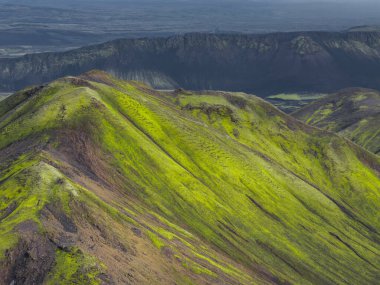 Canlı yeşil yosunlar koyu volkanik kayalarla kaplı tepeleri dramatik bir sırt ve İzlanda 'nın eşsiz volkanik arazisindeki düz bir ovayı kaplamıştı..