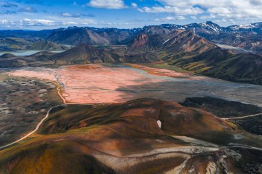 Landmannalaugar, İzlanda 'daki renkli rhyolite dağlarının havadan görünüşü, turuncu ve kırmızı arazi, yeşil yosun, karla kaplı zirveler ve dolambaçlı bir nehir..