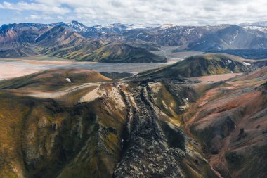 Renkli rhyolite dağları, kar yamaları, volkanik kayalar ve bulutlu bir gökyüzünün altında dolambaçlı bir patika ile İzlanda 'nın Landmannalaugar bölgesinin havadan görüntüsü..