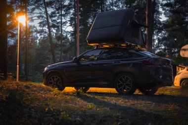 Bir BMW X4 2025, alacakaranlıkta ağaçlık bir kamp alanında park etmiş, arka planda uzun çam ağaçları olan sıcak bir sokak lambasıyla aydınlatılmış..