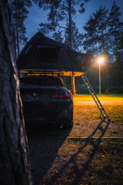 Çatı ve merdiveni olan ağaçlık bir kamp alanına park edilmiş bir BMW X4 2025. Uzun çam ağaçları ve bir sokak lambası çakıl yüzeyini aydınlatır.