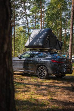Uzun çam ağaçlarıyla çevrili bir ormanda park edilmiş bir BMW X4 2025, güneş ışığı altında kısmen açık olan bir çatı çadırı dalların arasından süzülüyor..