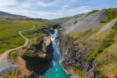 İzlanda 'daki Studlagil Kanyonu' nda bazalt sütunlar, turkuaz bir nehir, engebeli arazi, yeşil bitki örtüsü, toprak bir patika ve açık mavi bir gökyüzü bulunur..