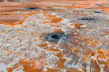 İzlanda 'da turuncu ve beyaz mineral yataklarının, dumanı tüten çamur tencerelerinin, fümerollerin ve çorak, desenli bir manzaranın yer aldığı bir jeotermal alanın havadan görünüşü..