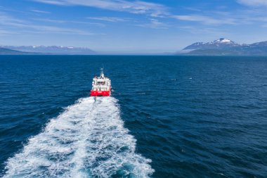 Kırmızı bir tekne, açık mavi bir denizde yol alır ve arkasında beyaz bir iz bırakır. Karla kaplı dağlar ve yuvarlanan yeşil tepeler dramatik bir İzlanda arka planı oluşturuyor.