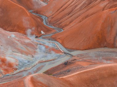 İzlanda 'nın Kerlingarfjoll jeotermal bölgesinde buhar bacaları, dolambaçlı bir dere ve ahşap geçitli pas rengi ryolite tepeleri..