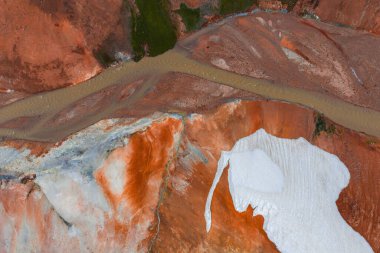 İzlanda 'nın turuncu ve kırmızı topraklı jeotermal arazisinin hava görüntüsü, yeşil bitki örtüsü, dolambaçlı çamurlu bir nehir ve engebeli zeminde bir parça kar..