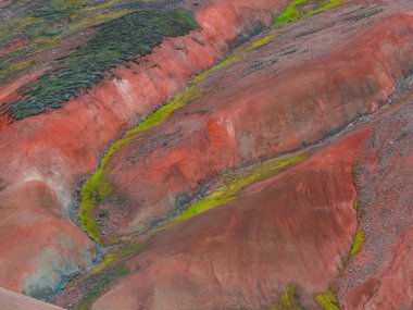 İzlanda 'daki Gökkuşağı Dağları' nda kırmızı, turuncu ve yeşil renkler sergilenirken, mineral zengini araziye karşı yosun ve bitki örtüsü zıt düşer..