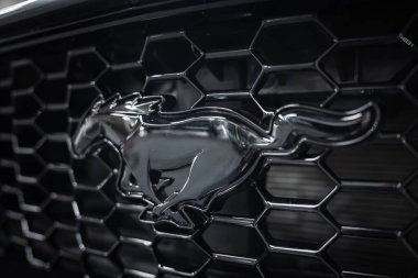 Görüntü, Ford Mustang GT 5.0 'ın siyah bal peteği ızgarasında krom dörtnala giden at amblemini vurgu için bulanık bir arkaplan ile yakalıyor..