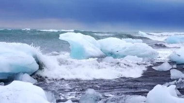 Büyük buzdağları, İzlanda 'daki Diamond Sahili' nde dalgalar onlara çarptığında siyah kum üzerinde dinleniyor. Dinamik hareketler ve canlı mavi renkler sergiliyorlar..
