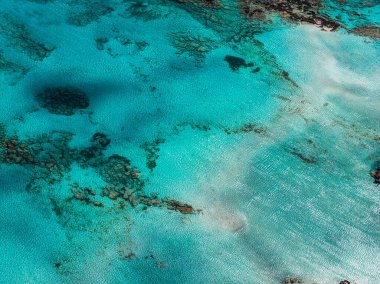 Yunanistan 'ın Girit kentindeki Elafonisi Sahili' nin havadan görünüşü, turkuaz suları, kumlu sığ suları ve yüzeyin altındaki görünür mercan veya kaya oluşumlarını gösteriyor.