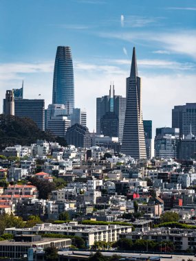 Transamerica Piramidi, Satış Kulesi ve açık mavi gökyüzü altındaki konut binalarının yer aldığı San Francisco 'nun hava manzarası.
