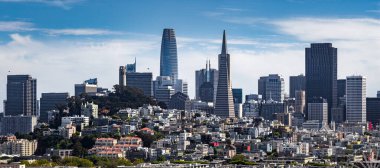 San Francisco şehir merkezindeki Transamerica Piramidi, Satış Kulesi, renkli konut binaları ve ağaçlarla kaplı tepe manzarası.