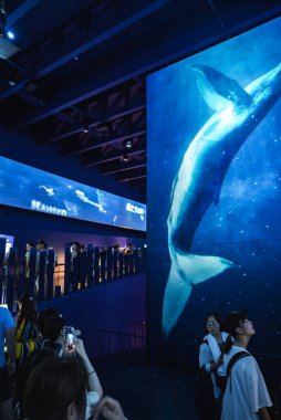 Derin mavi okyanus manzarasında devasa dijital balina görüntüsü, ziyaretçiler yükseltilmiş bir yolda ve deniz temalı görüntüler Osaka 2025 Dünya Fuarı 'nda.