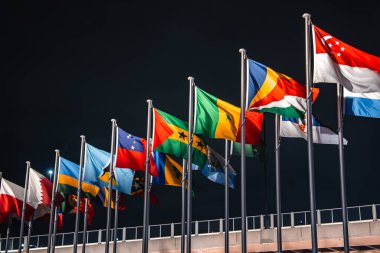 Karanlık gökyüzüne karşı uzun direkler üzerinde uluslararası bayraklar, canlı renkler ve arka planda modern bir parmaklık yapısı..