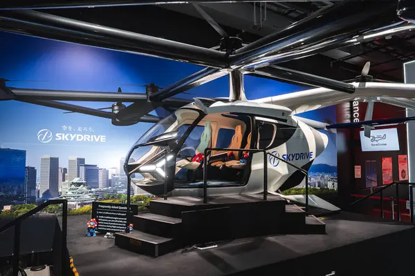 Pürüzsüz tasarımı ve pervaneleri olan fütürist SkyDrive aracı kapalı alanda sergilendi, Osaka Kalesi 'nin ve modern gökdelenlerin arka planında yer aldı..