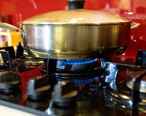 Bir tencere gaz sobasında yavaşça kaynıyor ve altında mavi alevler dans ediyor. Mutfak canlı kırmızı bir duvar sergiliyor, canlı bir atmosfer yaratıyor mutfak yaratımı için mükemmel..