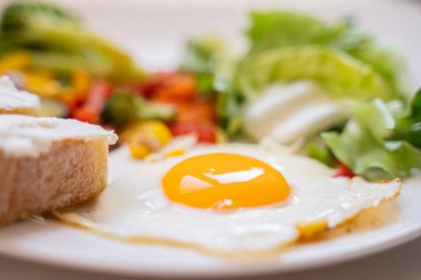 Tabakta lezzetli ve sağlıklı bir kahvaltı, sebzeli omlet, salata ve tost, sağlıklı beslenme ve kilo kaybı, diyetçi beslenme uzmanı, yakın çekim. Yüksek kalite fotoğraf