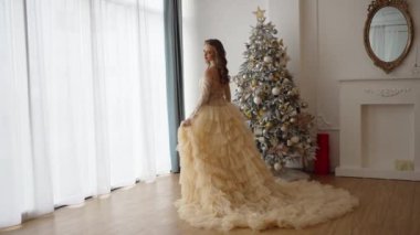 Güzel bir genç kız yeni yılı kutluyor.