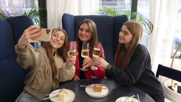 Щаслива Збуджена Група Жінок Які Відпочивають Ресторані Келихами Вина Вони — стокове відео