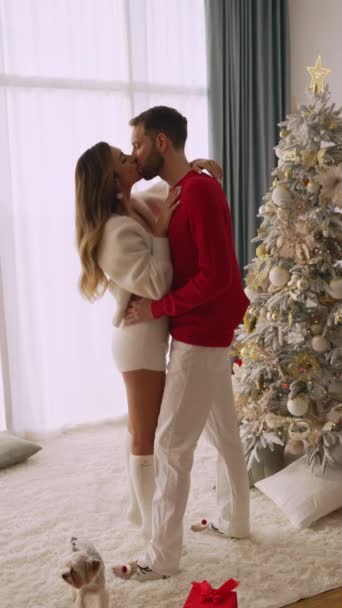 年轻夫妇在靠近圣诞树的地方亲切地拥抱亲吻对方 — 图库视频影像