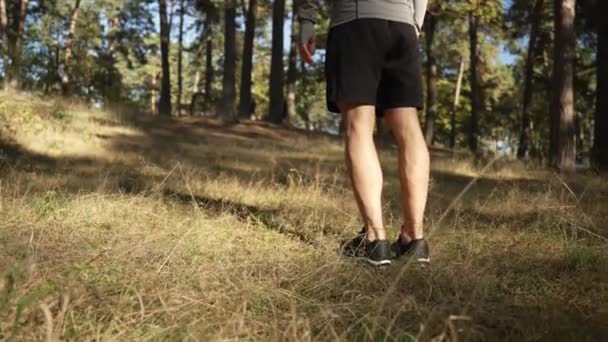 Ein Junger Mann Sportkleidung Treibt Wald Zwischen Den Bäumen Sport — Stockvideo
