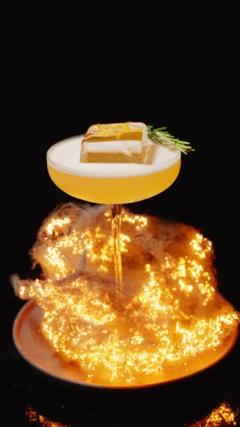 Night Bar Glass Exotic Alcoholic Cocktail Served Piece Ice Fire — Stock Video