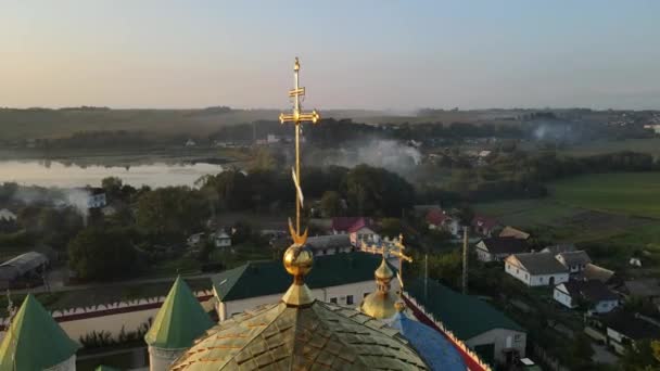 Aerial Shot Village Mezhyrich Holy Trinity Monastery Upc Ukraine High — стокове відео