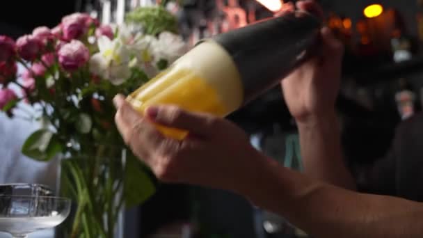 Ein Professioneller Barkeeper Bereitet Einen Kalten Cocktail Mit Früchten Der — Stockvideo